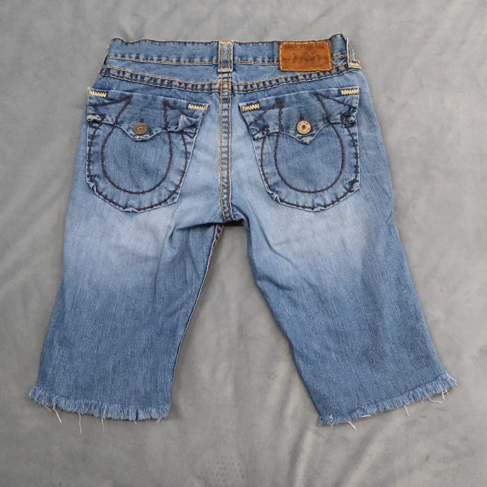 True Religion Denim Shorts Men's Size 34 Blue Big T Stitch Raw Hem Joey Cutoff